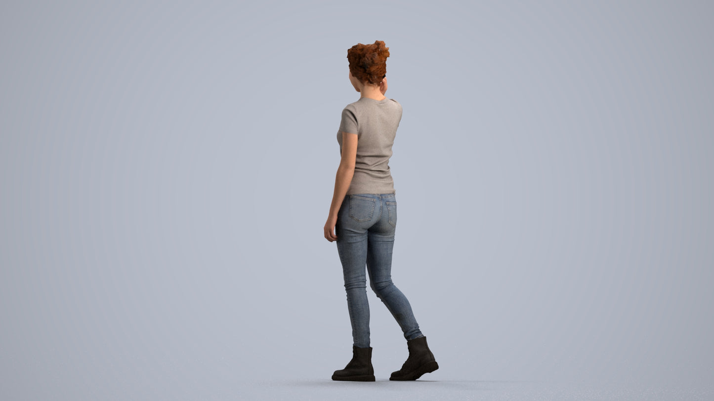 3D human model woman casual walking, photogrammetry scanned person for archviz, front view render