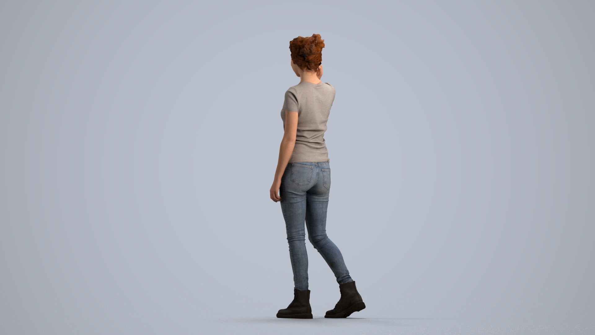 3D human model woman casual walking, photogrammetry scanned person for archviz, front view render