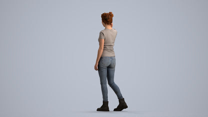 3D human model woman casual walking, photogrammetry scanned person for archviz, front view render