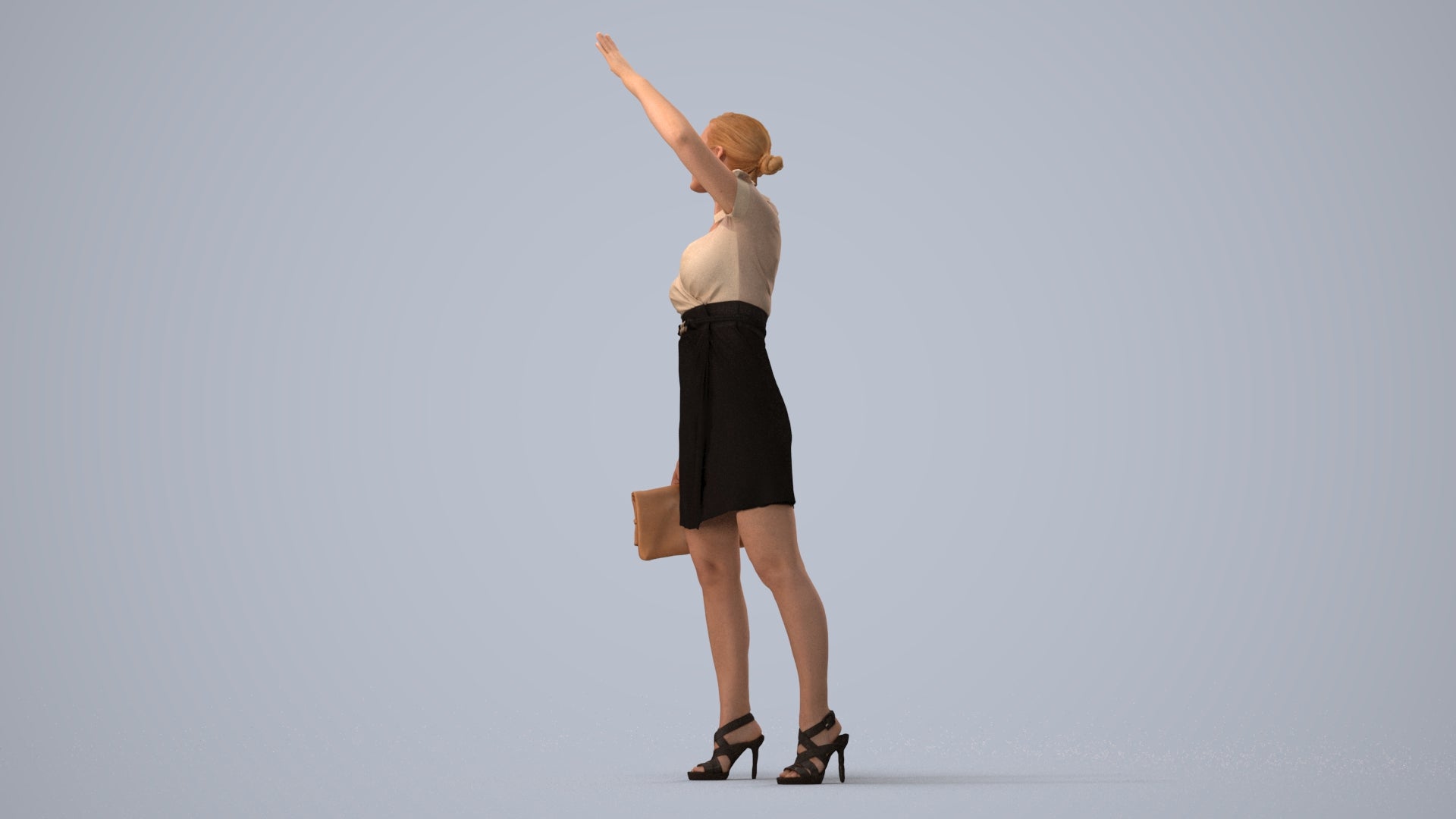 3D scanned woman standing business, photorealistic archviz people for Enscape and SketchUp, three-quarter view render