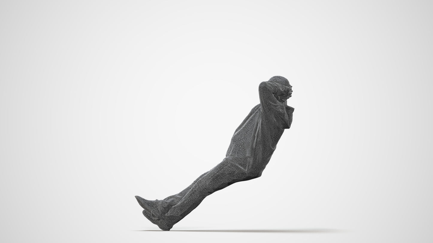 3D human model senior man casual sitting, photogrammetry scanned person for archviz, square thumbnail