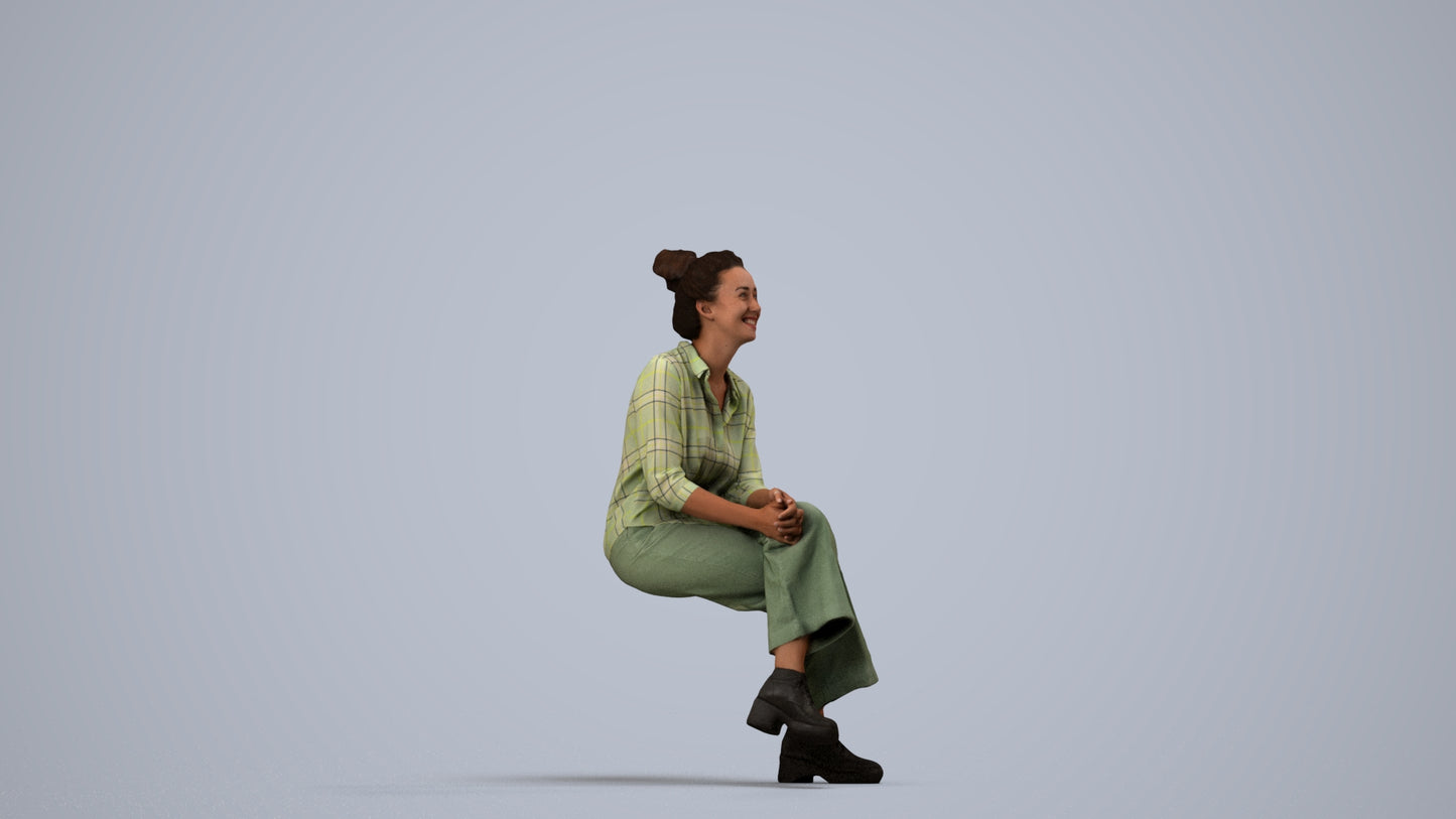 photogrammetry 3D woman casual sitting, realistic human model archviz FBX, side view render
