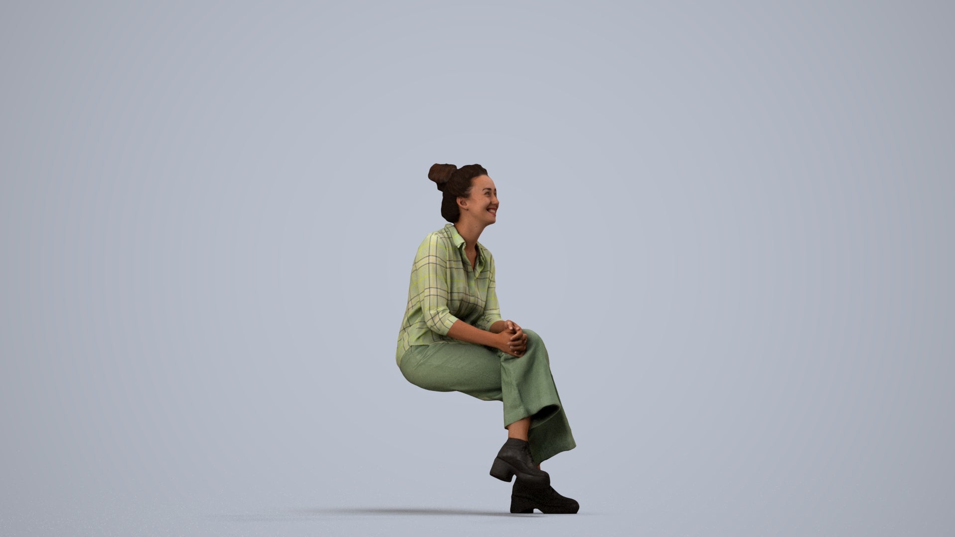 photogrammetry 3D woman casual sitting, realistic human model archviz FBX, side view render