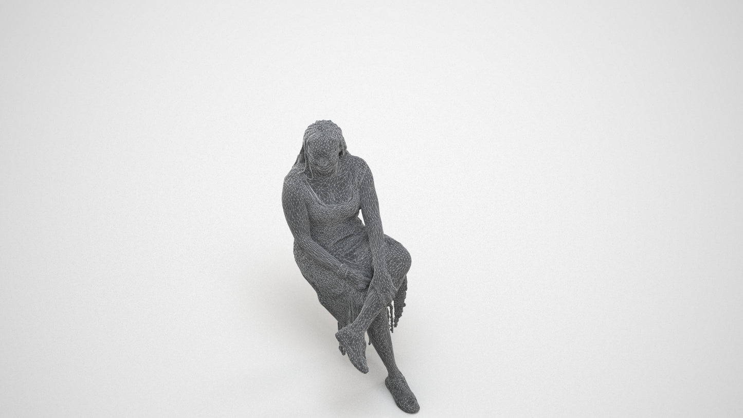 realistic 3D woman casual sitting, scanned archviz people for Blender and 3ds Max, wireframe three-quarter view
