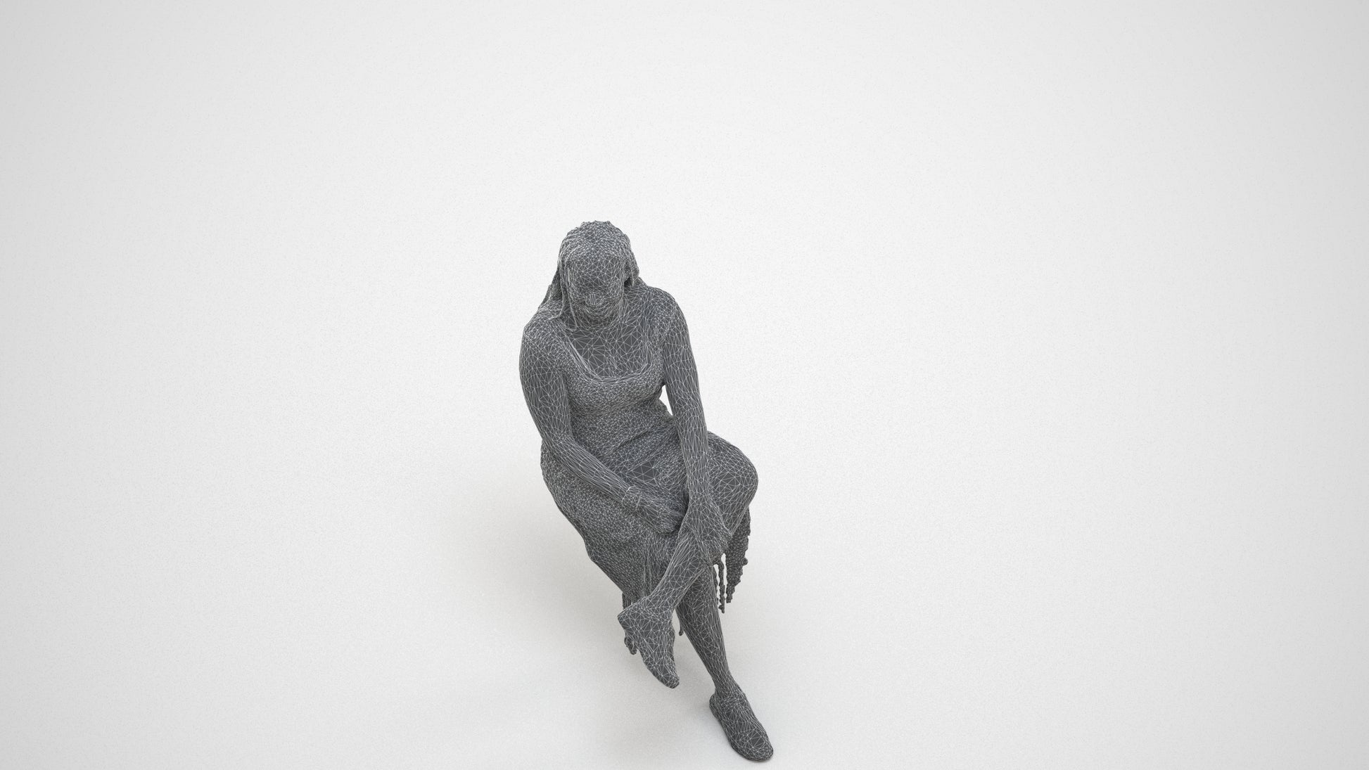 realistic 3D woman casual sitting, scanned archviz people for Blender and 3ds Max, wireframe three-quarter view