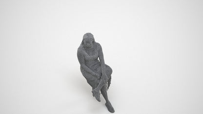 realistic 3D woman casual sitting, scanned archviz people for Blender and 3ds Max, wireframe three-quarter view