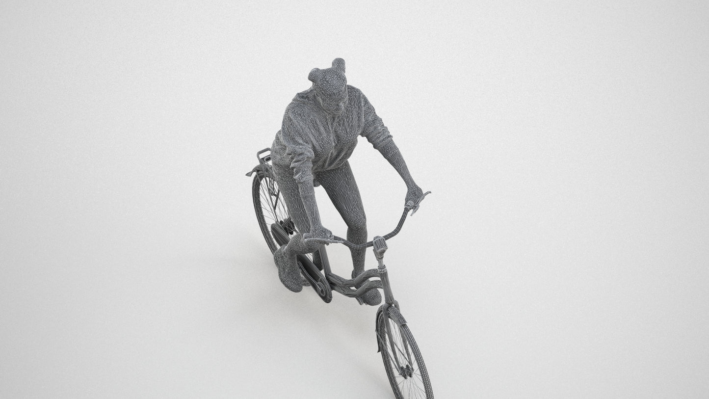 scanned 3D woman casual cycling, photogrammetry people for Enscape and V-Ray, wireframe three-quarter view