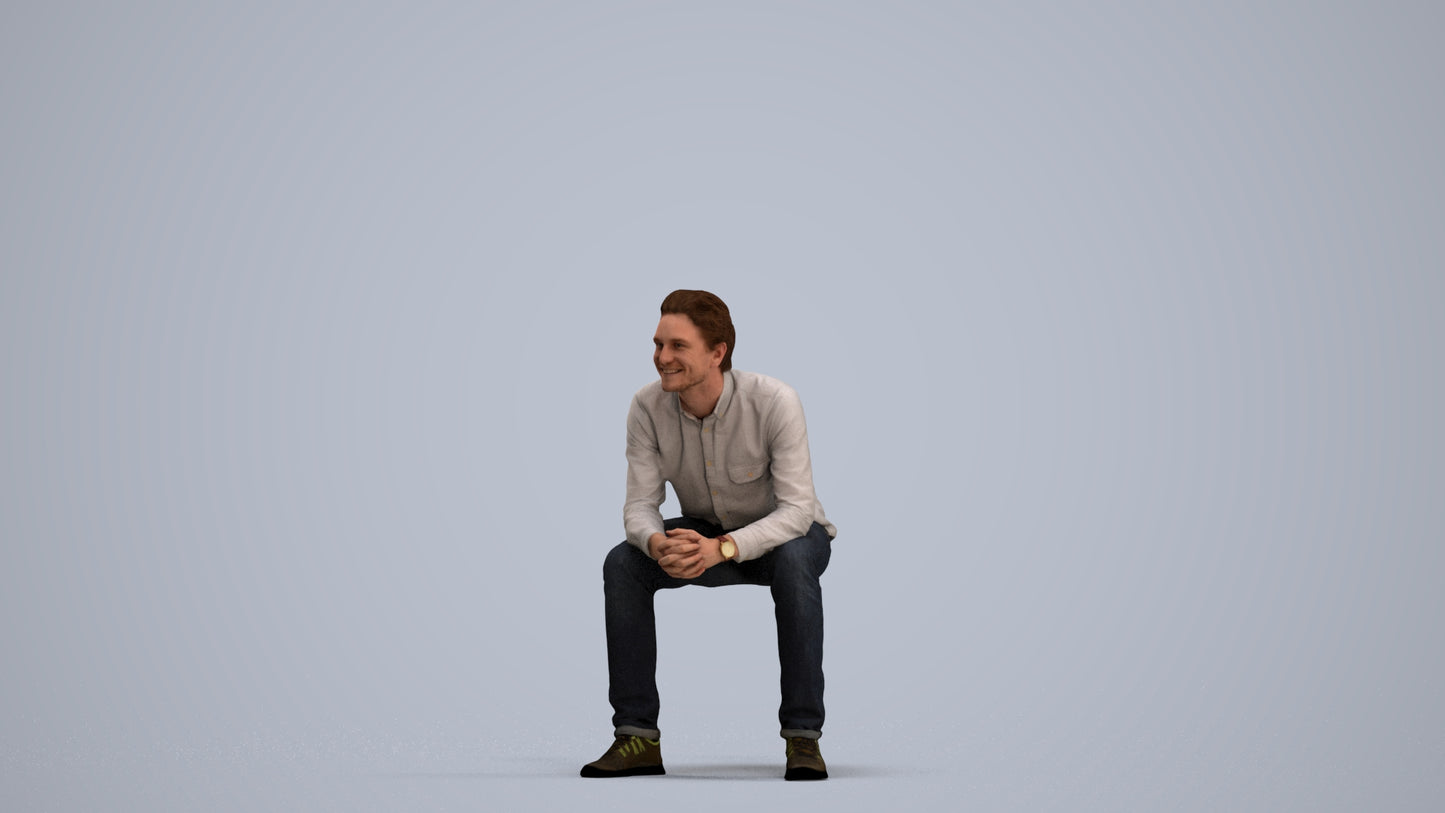photogrammetry 3D man casual sitting, realistic human model archviz FBX, standing pose render