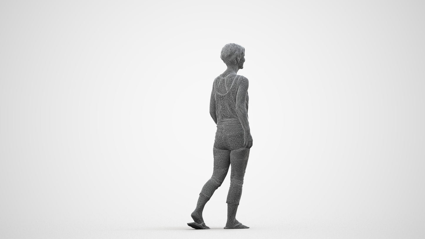 3D human model senior woman walking, photogrammetry scanned person for archviz, wireframe side view