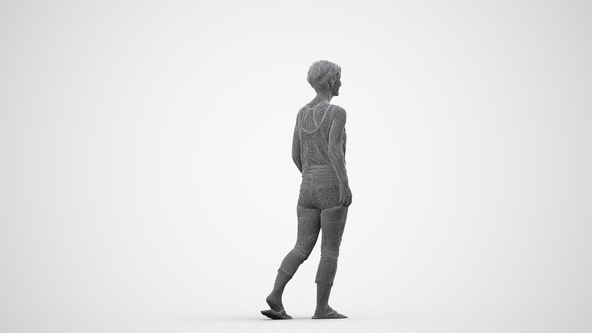 3D human model senior woman walking, photogrammetry scanned person for archviz, wireframe side view