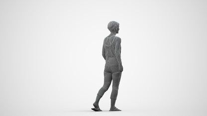 3D human model senior woman walking, photogrammetry scanned person for archviz, wireframe side view