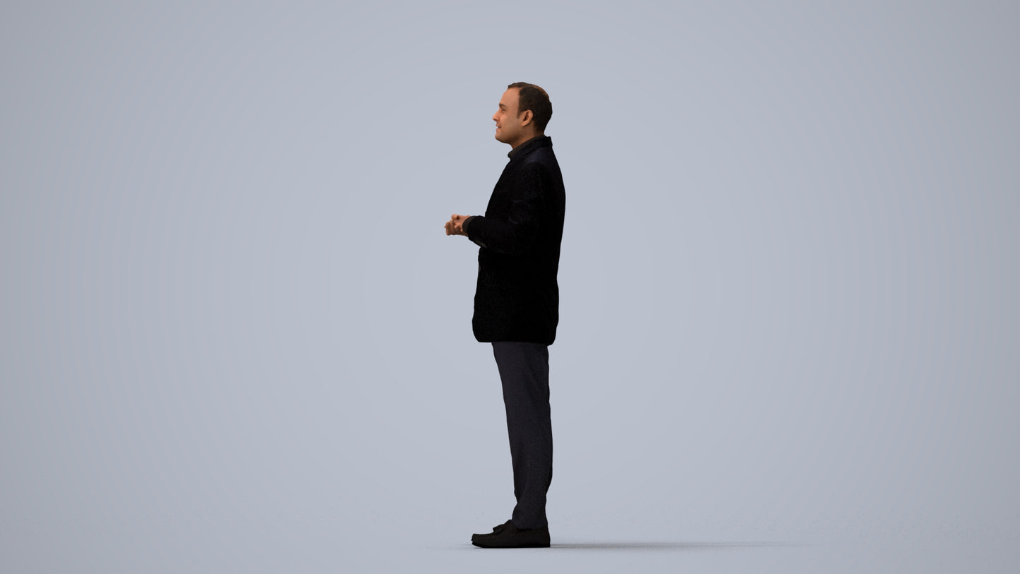 realistic 3D human man formal standing, archviz people FBX OBJ for Blender, three-quarter view render