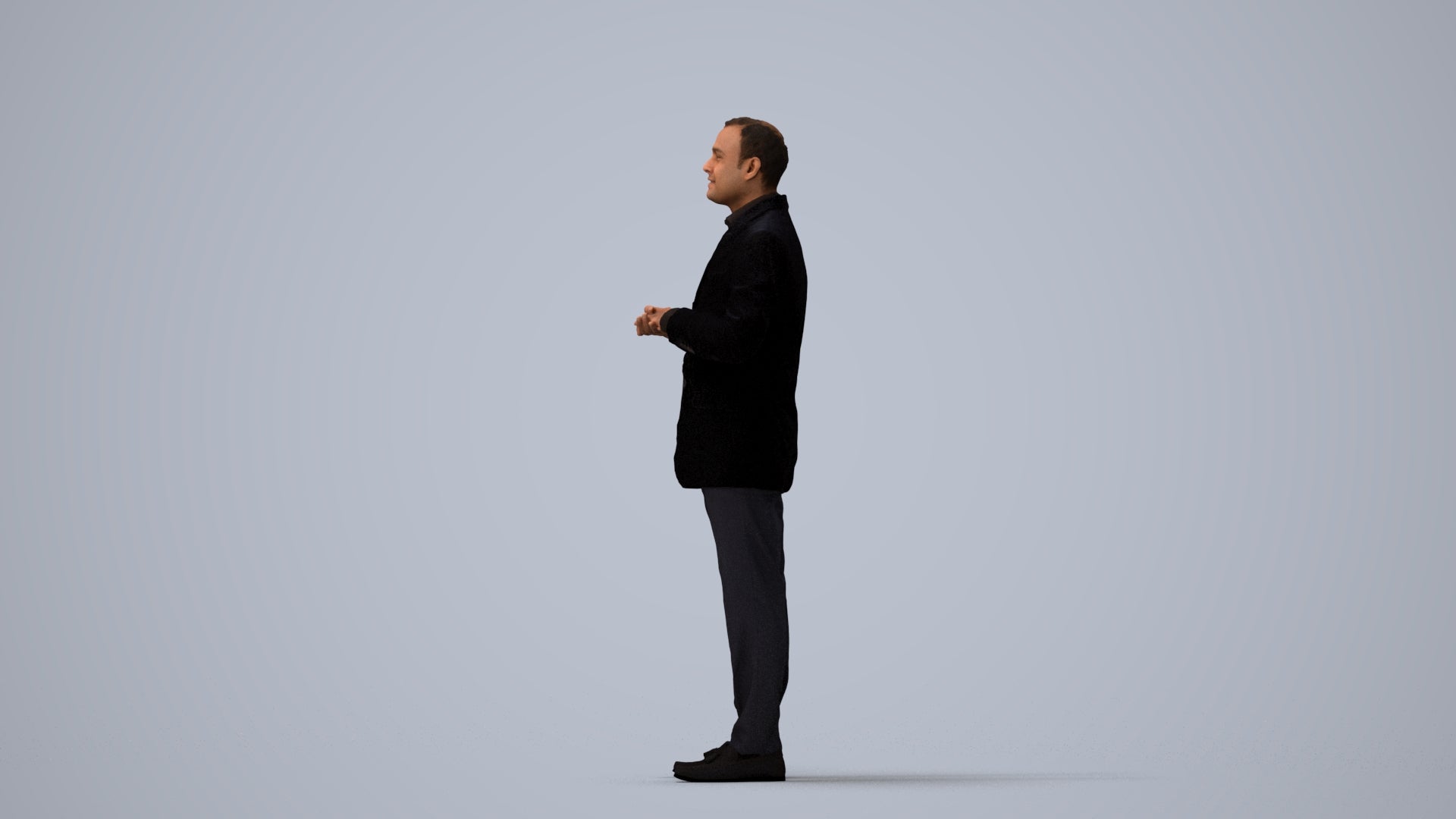 realistic 3D human man formal standing, archviz people FBX OBJ for Blender, three-quarter view render