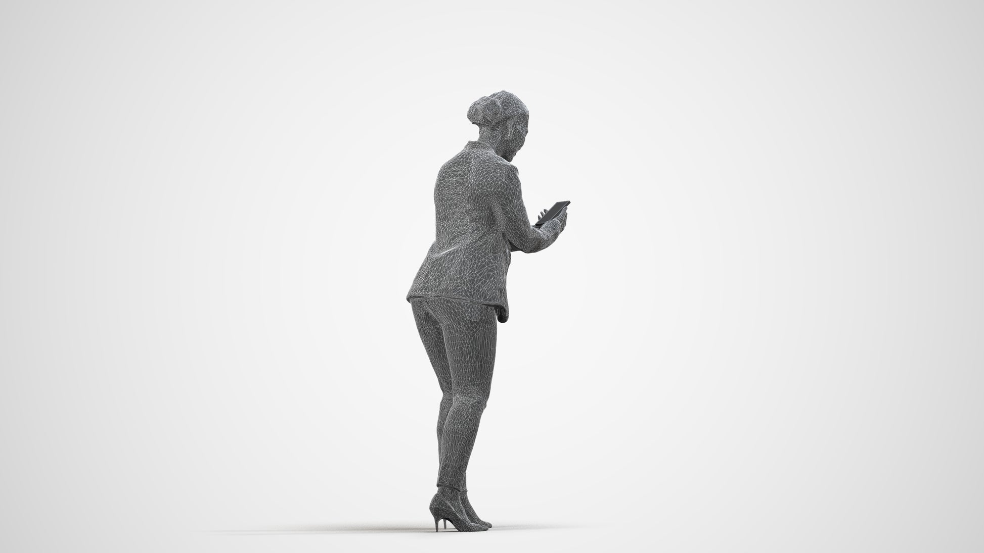 realistic 3D human woman business standing, archviz people FBX OBJ for Blender, wireframe side view