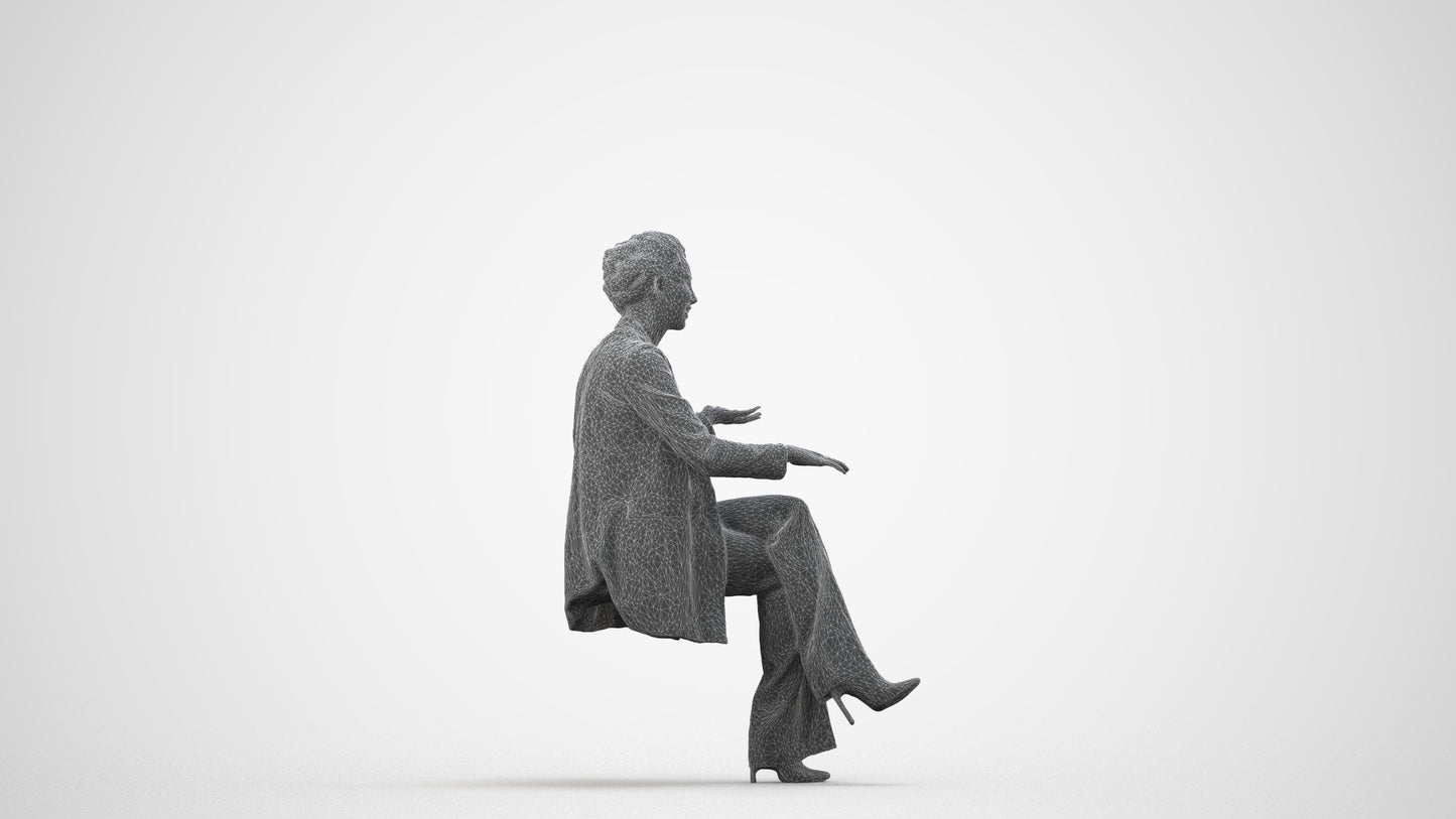 3D scanned woman sitting business, photorealistic archviz people for Enscape and SketchUp, wireframe side view
