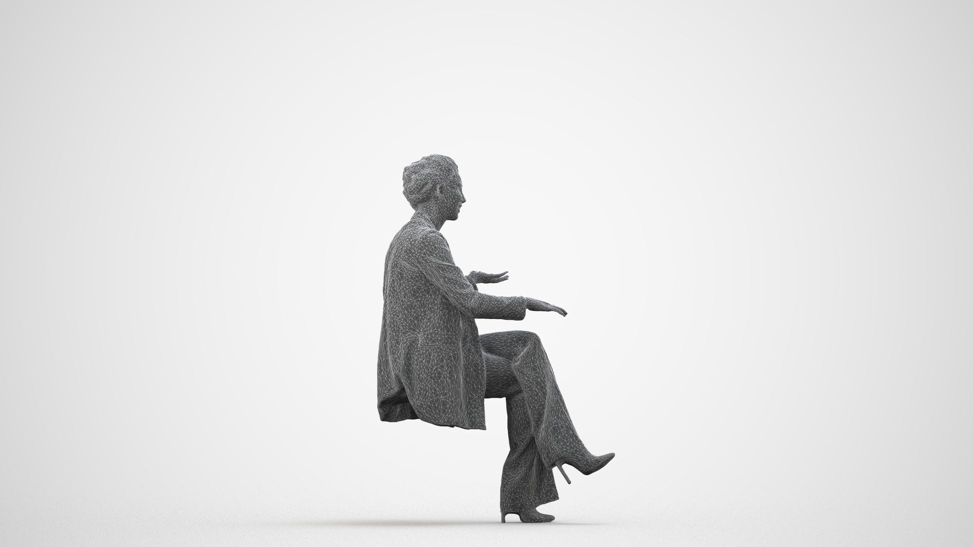 3D scanned woman sitting business, photorealistic archviz people for Enscape and SketchUp, wireframe side view