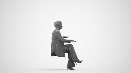 3D scanned woman sitting business, photorealistic archviz people for Enscape and SketchUp, wireframe side view