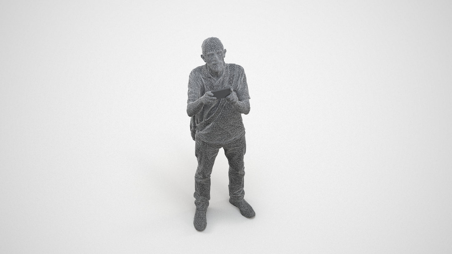 3D people model senior man casual standing, scanned human for 3ds Max rendering, wireframe three-quarter view