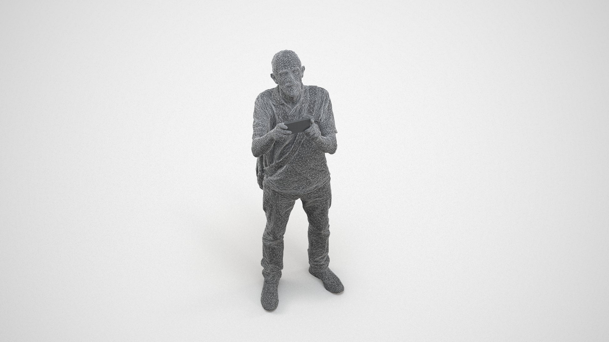 3D people model senior man casual standing, scanned human for 3ds Max rendering, wireframe three-quarter view