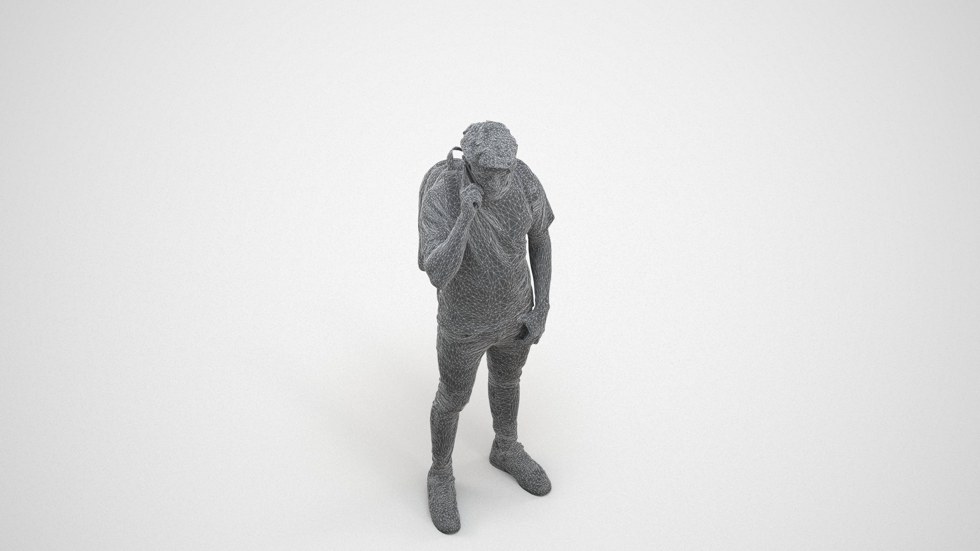 3D scanned man standing casual, photorealistic archviz people for Enscape and SketchUp, wireframe three-quarter view