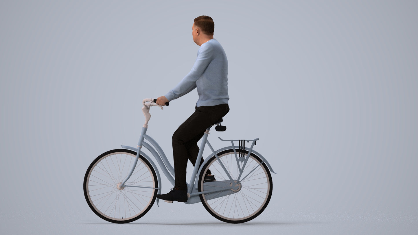 realistic 3D people man casual cycling, render-ready for V-Ray and Corona, FBX OBJ, three-quarter view render