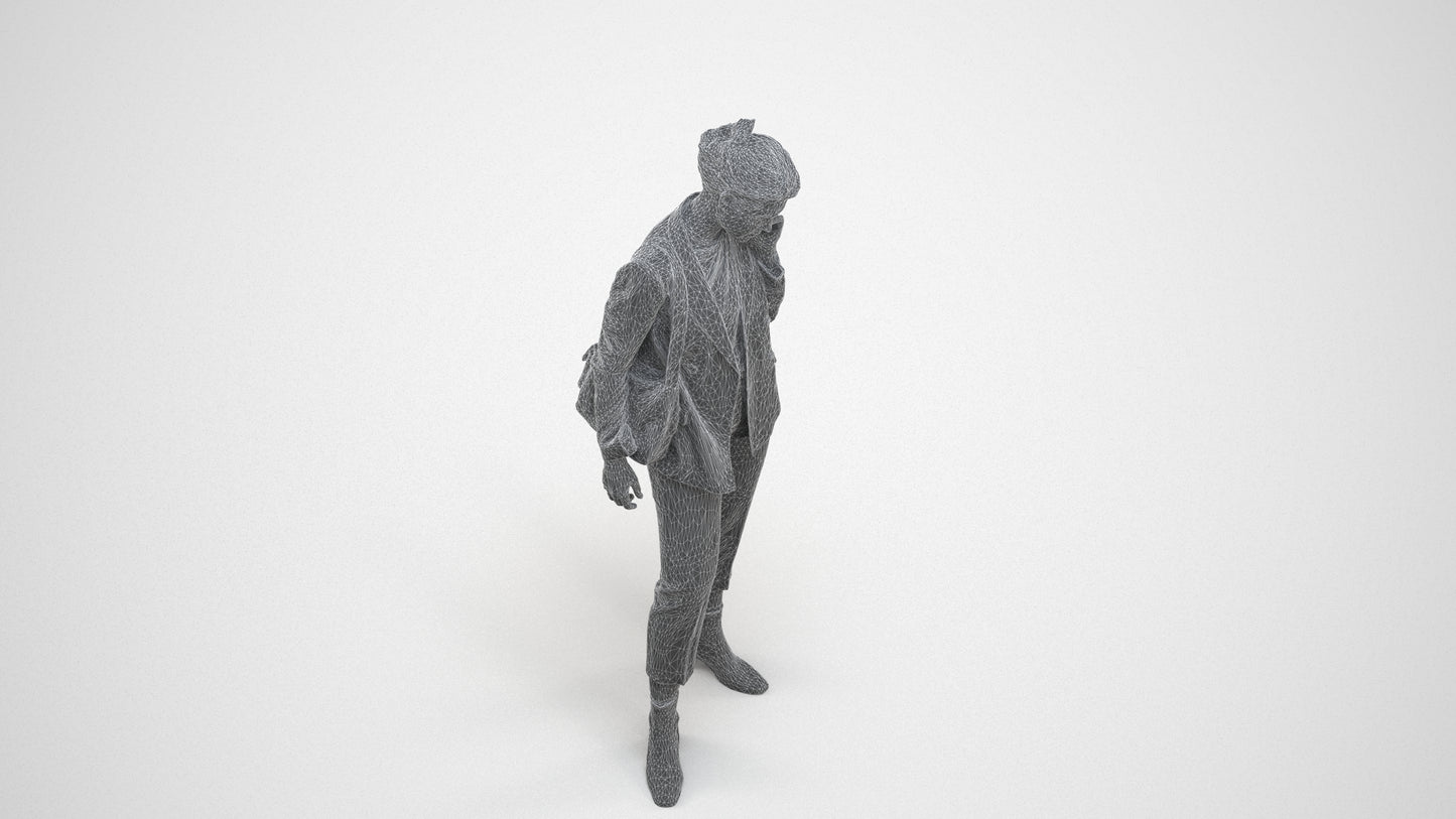 3D human model woman business standing, photogrammetry scanned person for archviz, wireframe three-quarter view