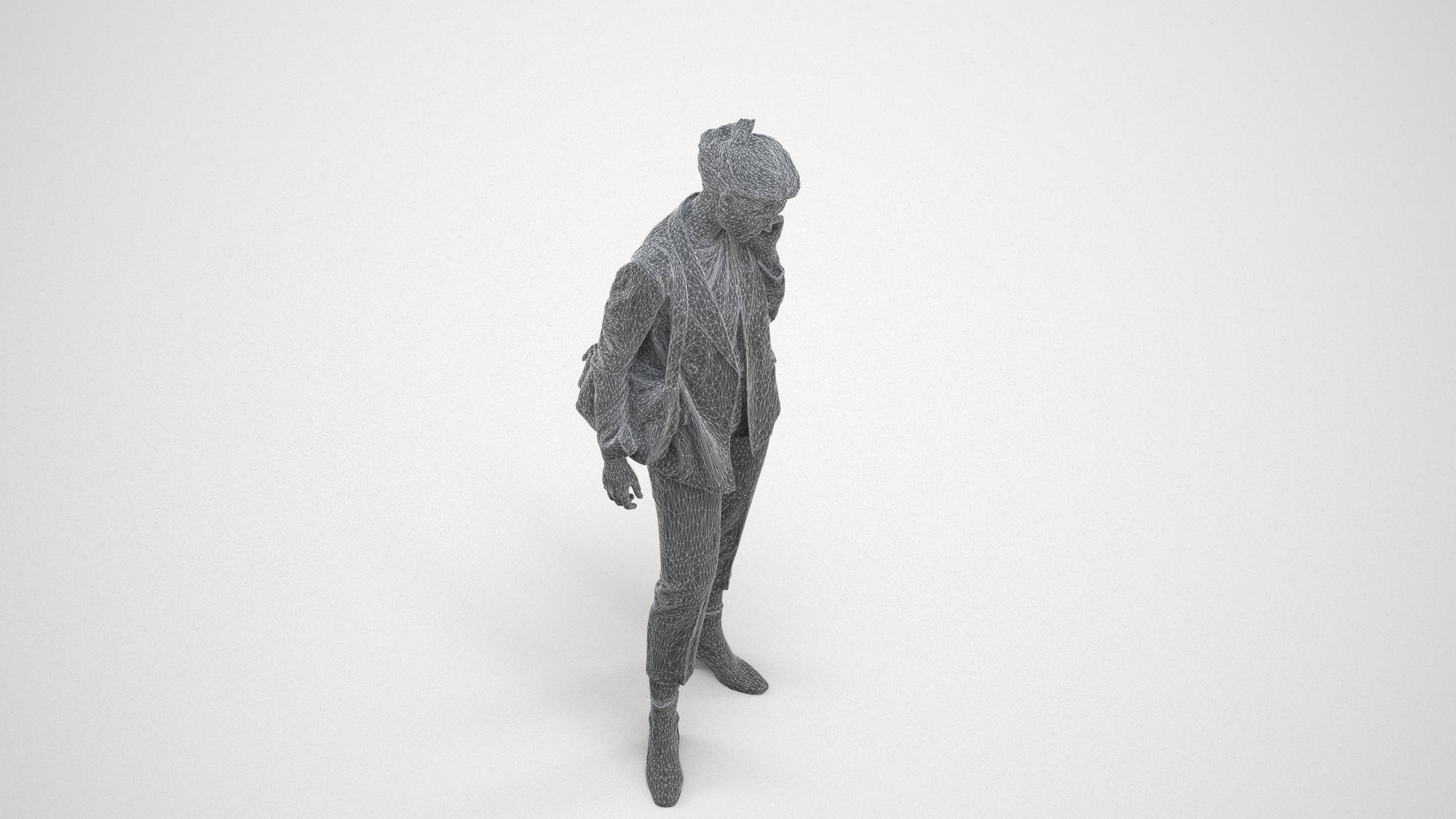 3D human model woman business standing, photogrammetry scanned person for archviz, wireframe three-quarter view