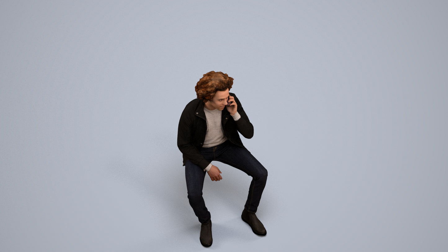 3D people model man casual sitting, scanned human for 3ds Max rendering, back view render