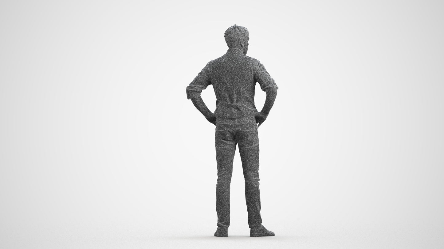 realistic 3D man casual standing, scanned archviz people for Blender and 3ds Max, wireframe front view