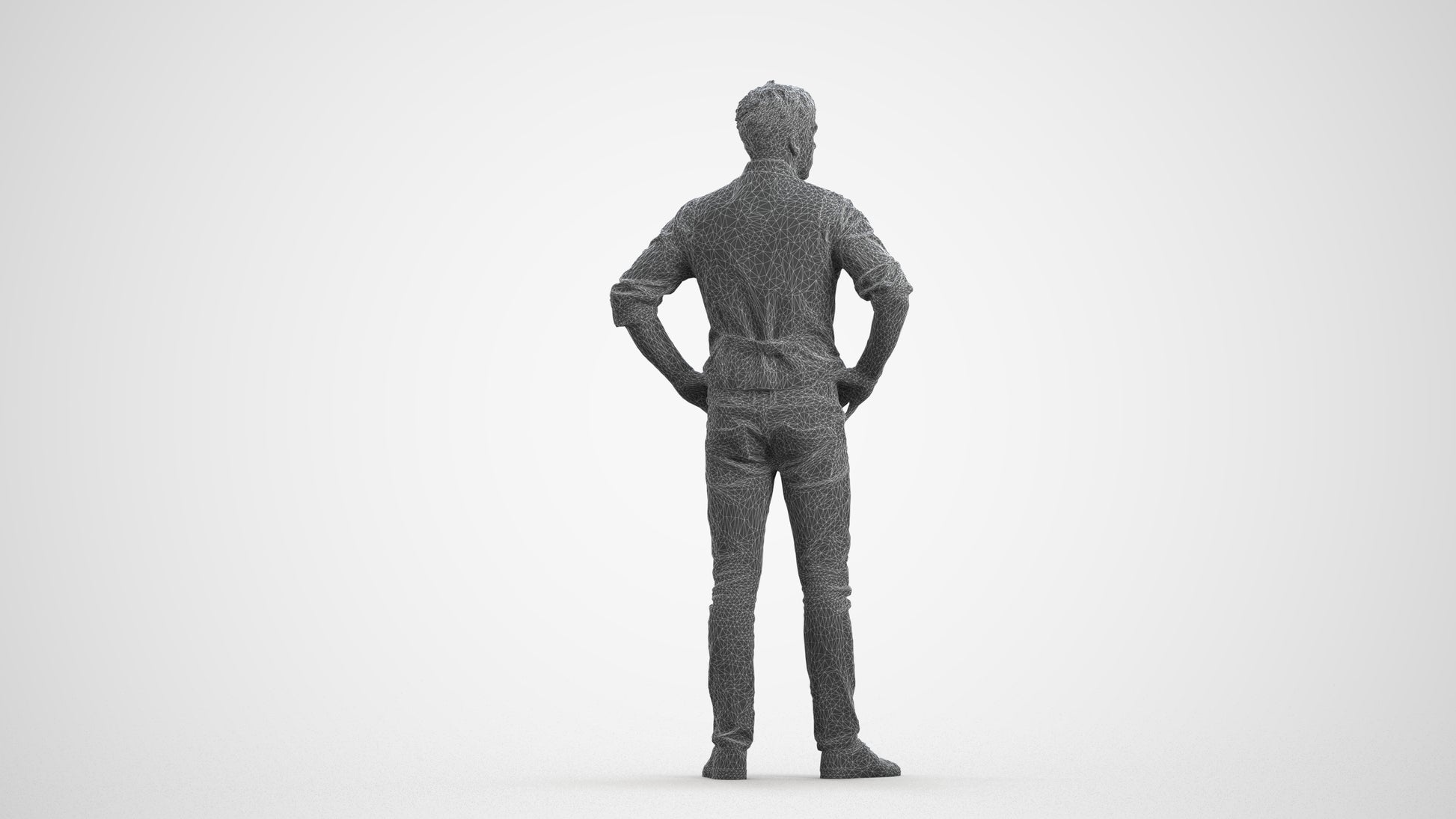 realistic 3D man casual standing, scanned archviz people for Blender and 3ds Max, wireframe front view