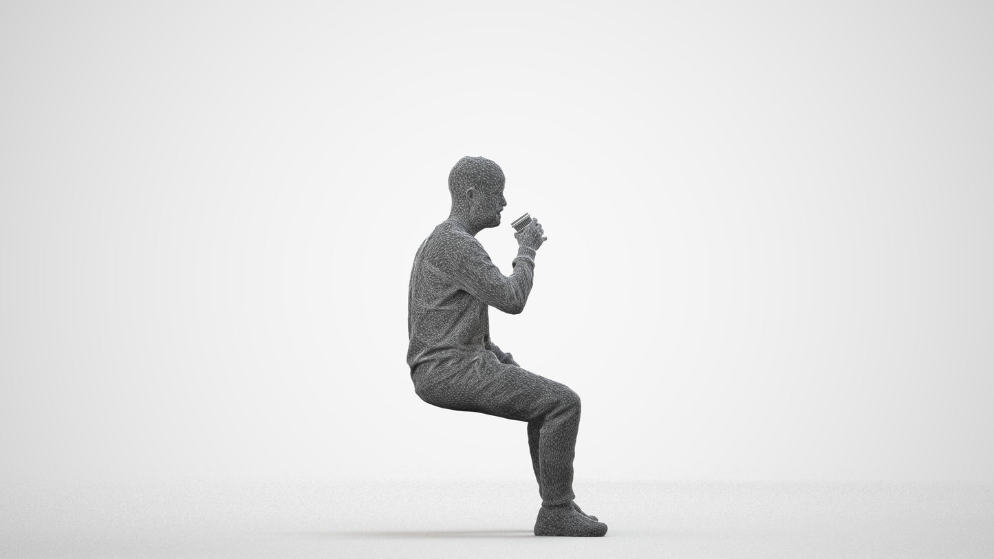 3D people model man casual sitting, scanned human for 3ds Max rendering, wireframe side view