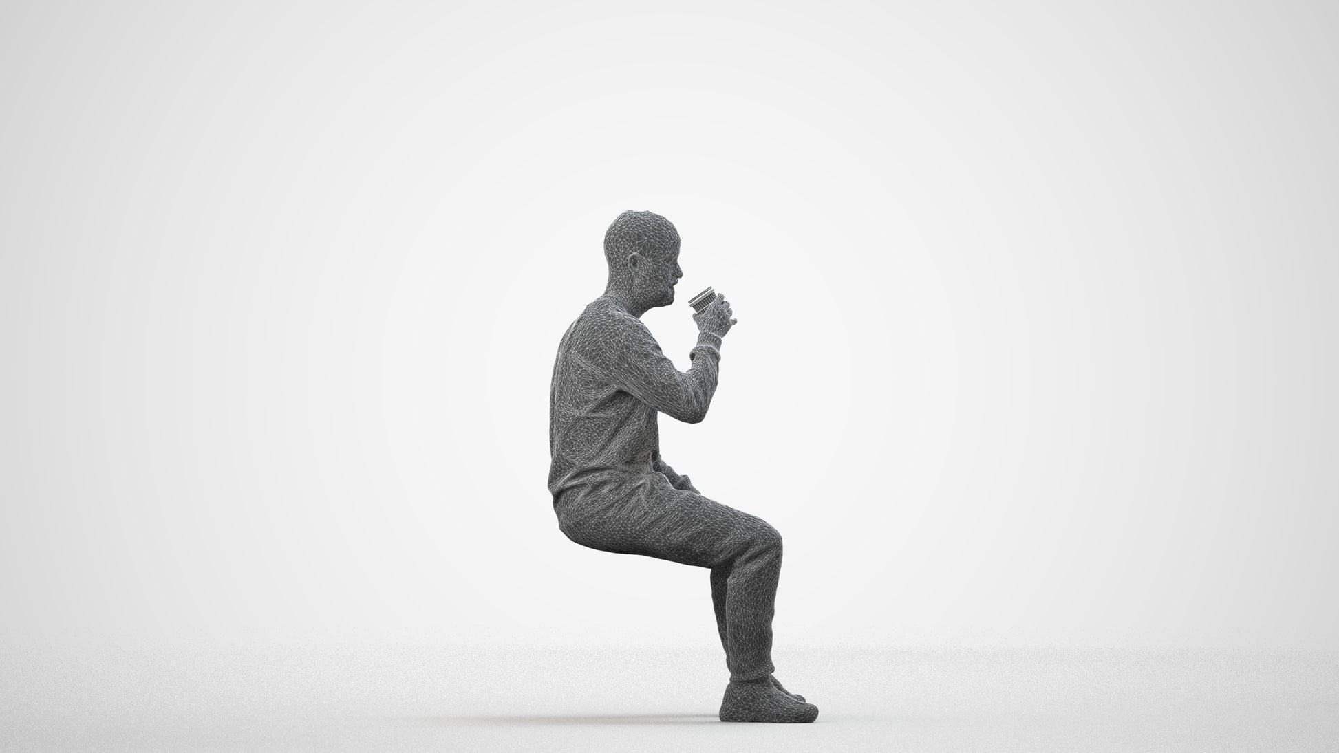 3D people model man casual sitting, scanned human for 3ds Max rendering, wireframe side view