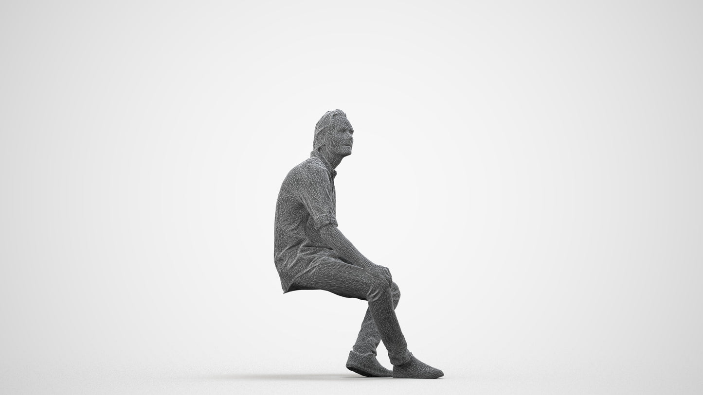 3D scanned man sitting casual, photorealistic archviz people for Enscape and SketchUp, wireframe side view