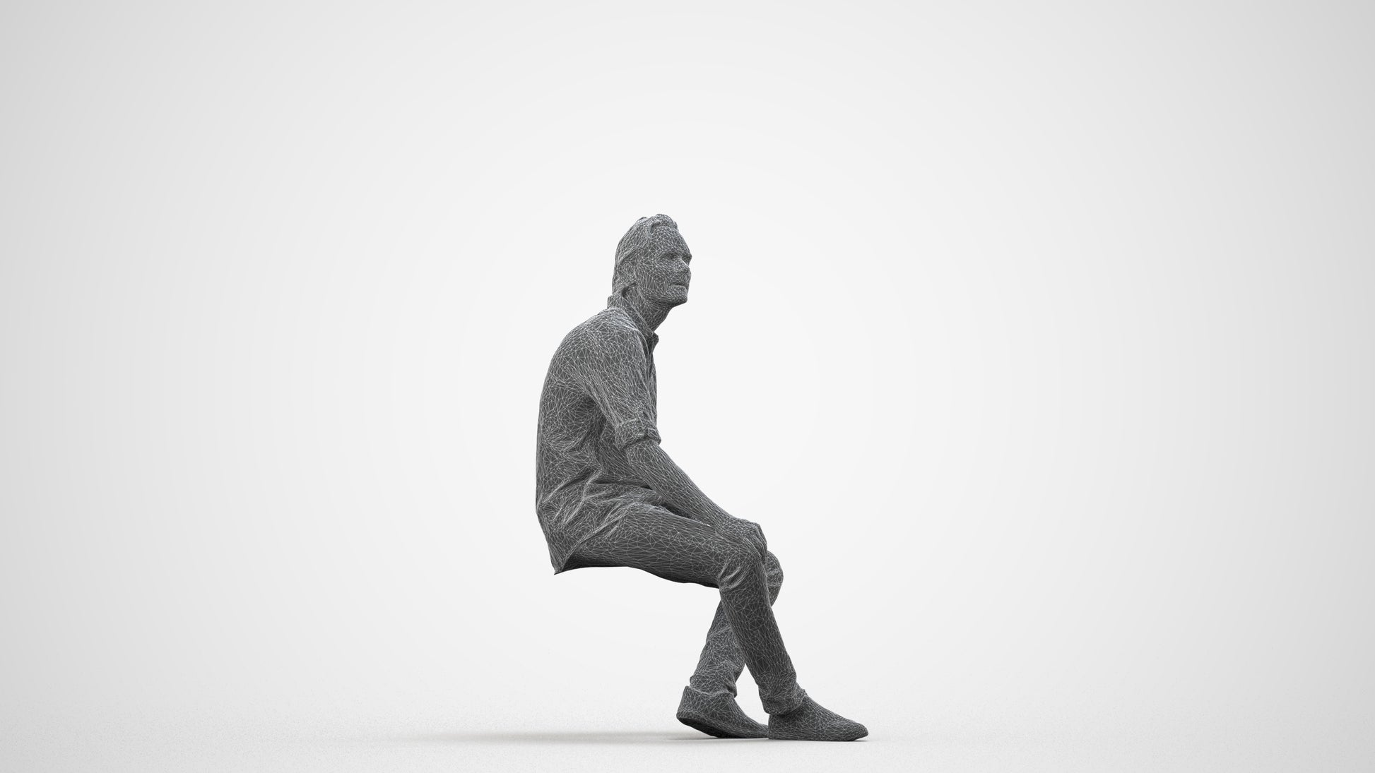 3D scanned man sitting casual, photorealistic archviz people for Enscape and SketchUp, wireframe side view