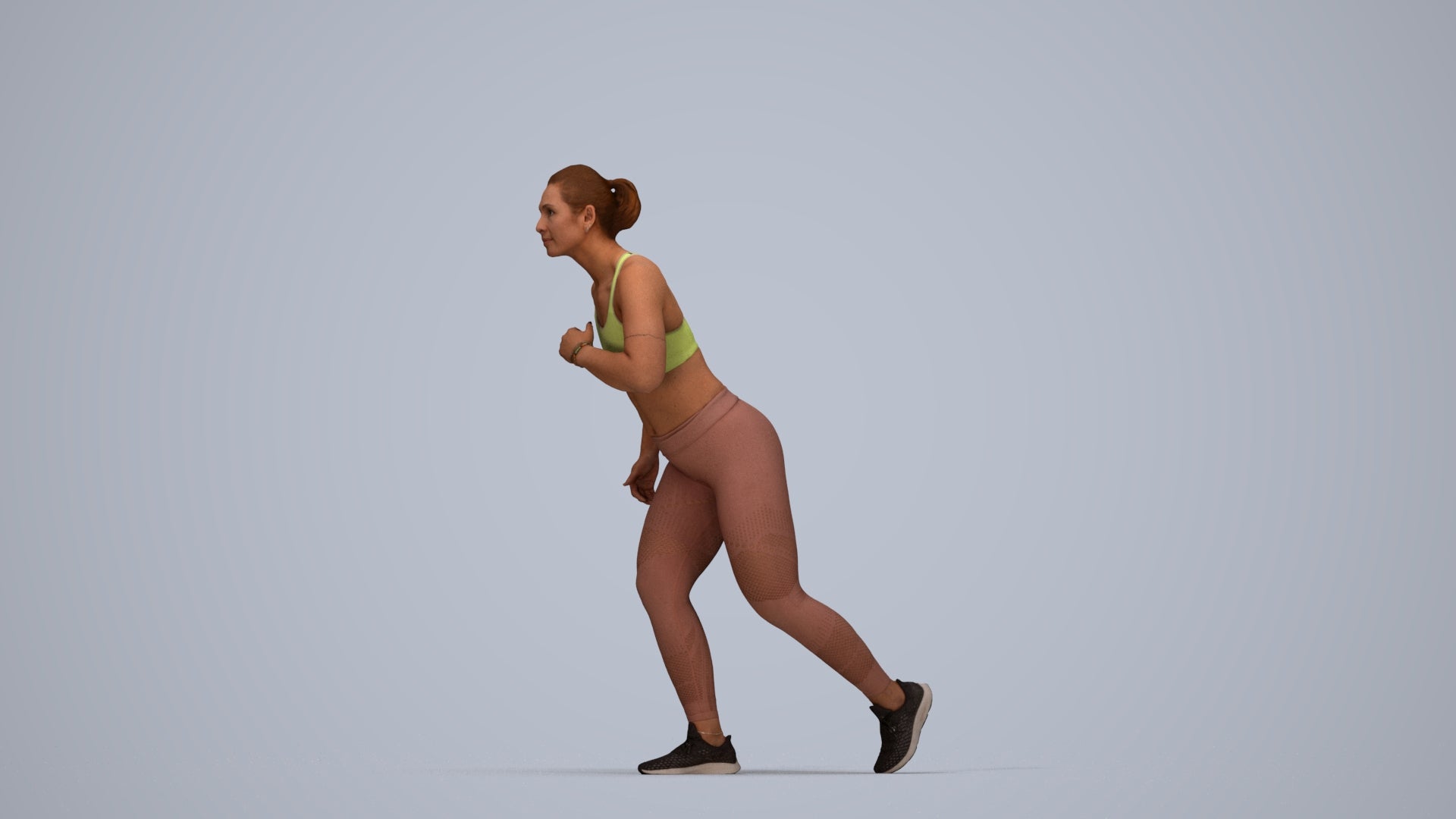 3D people model woman sport, scanned human for 3ds Max rendering, top-down view render