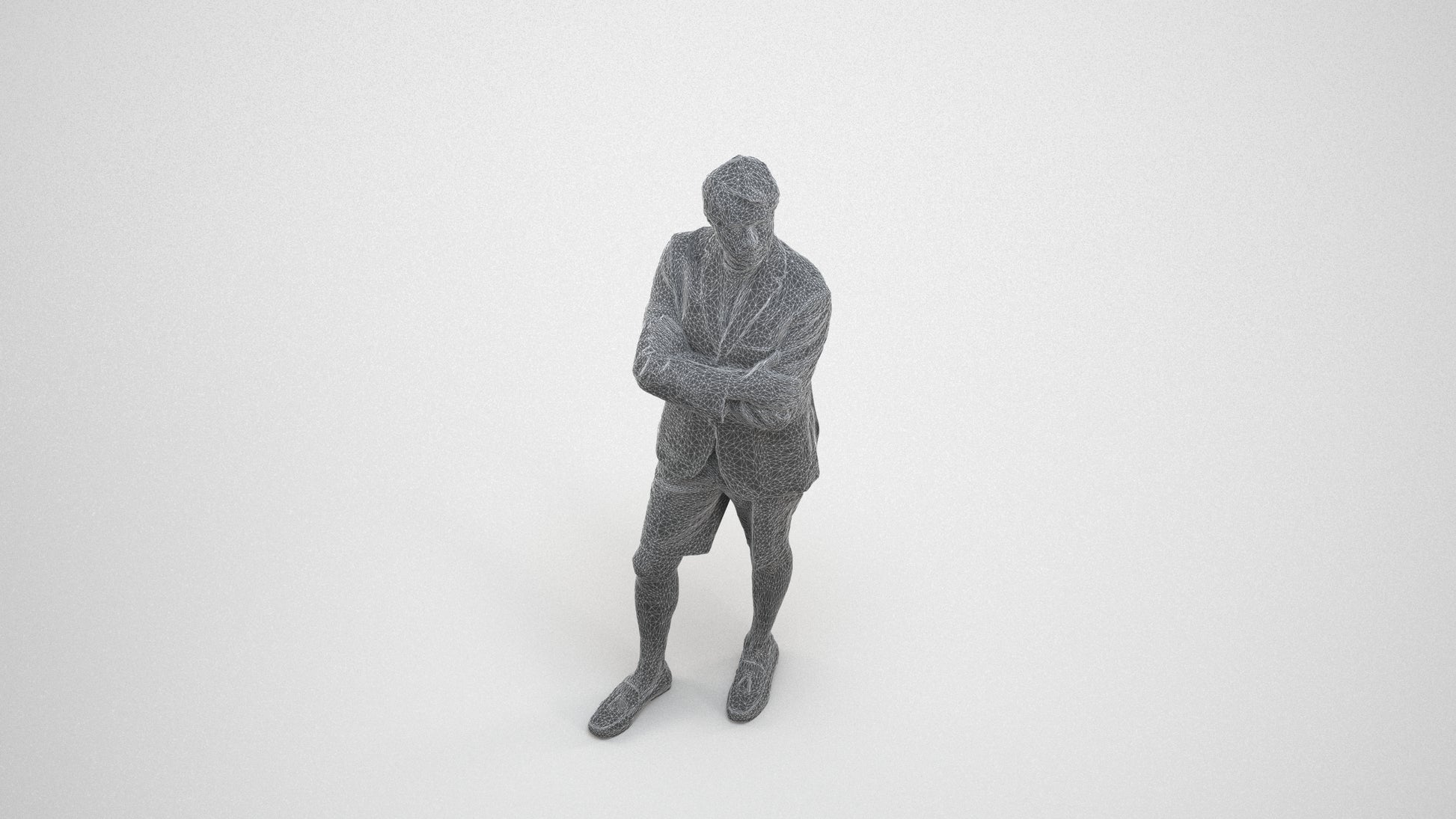 3D human model man business standing, photogrammetry scanned person for archviz, wireframe three-quarter view