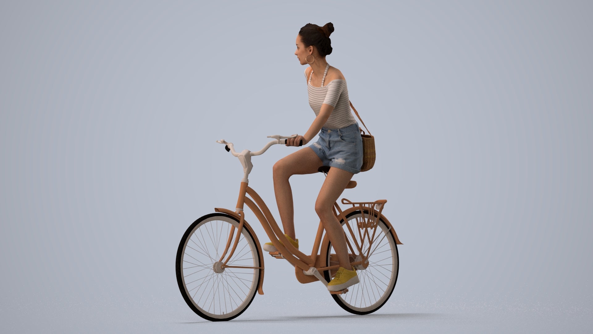 realistic 3D human woman casual cycling, archviz people FBX OBJ for Blender, three-quarter view render