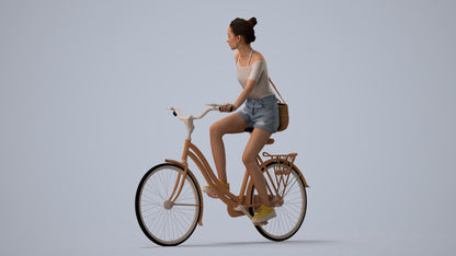 realistic 3D human woman casual cycling, archviz people FBX OBJ for Blender, three-quarter view render