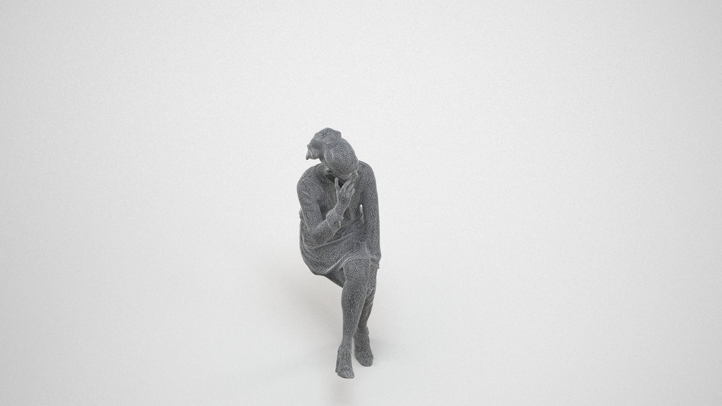 3D people model woman casual sitting, scanned human for 3ds Max rendering, wireframe three-quarter view