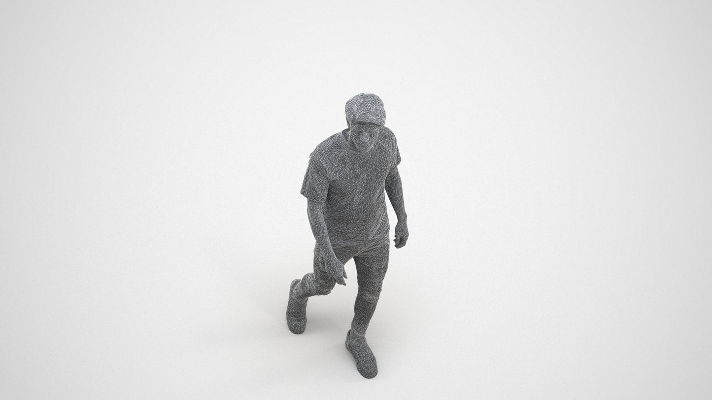 photogrammetry 3D man casual walking, realistic human model archviz FBX, wireframe three-quarter view