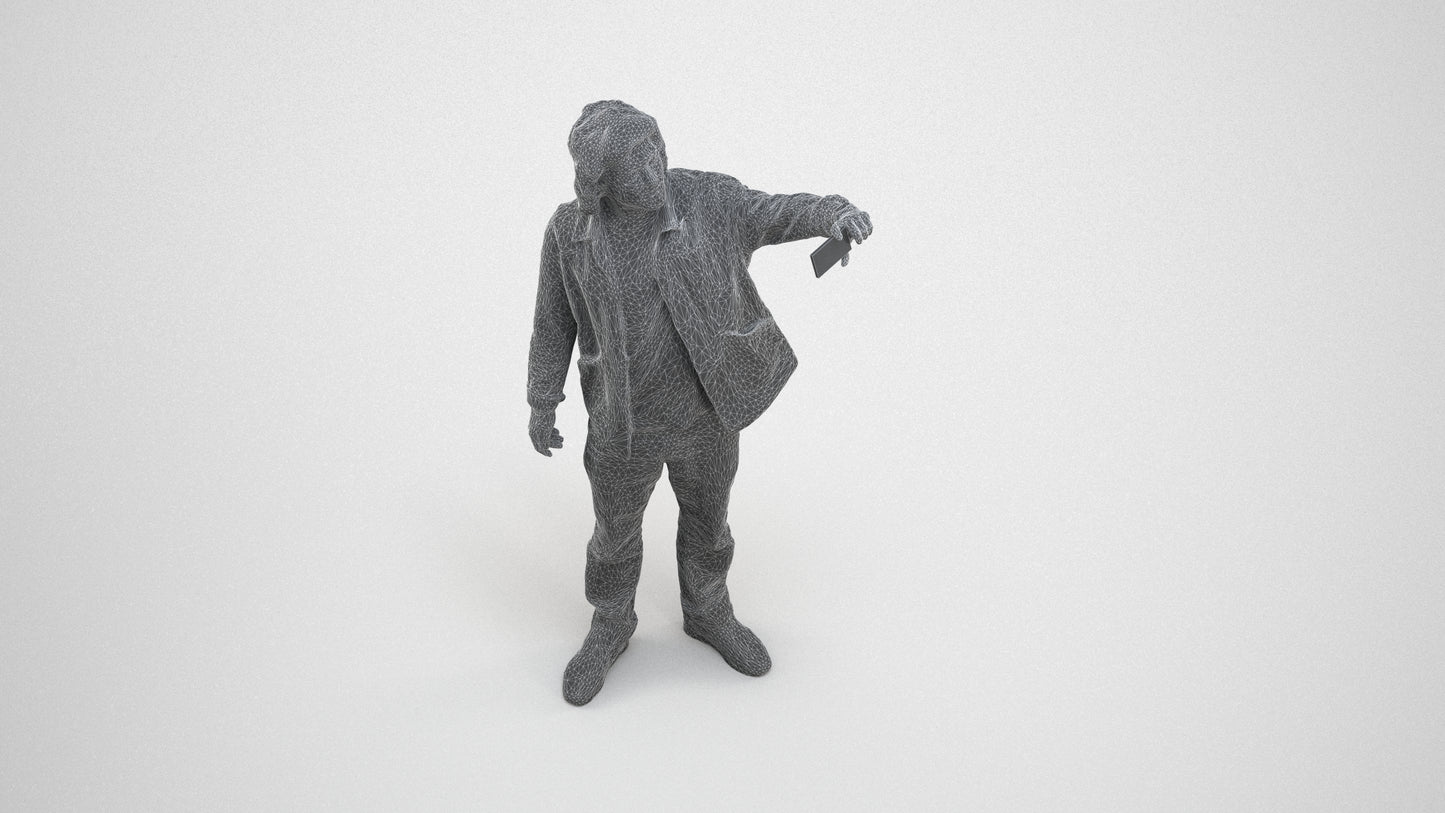 3D human model man casual standing, photogrammetry scanned person for archviz, wireframe three-quarter view