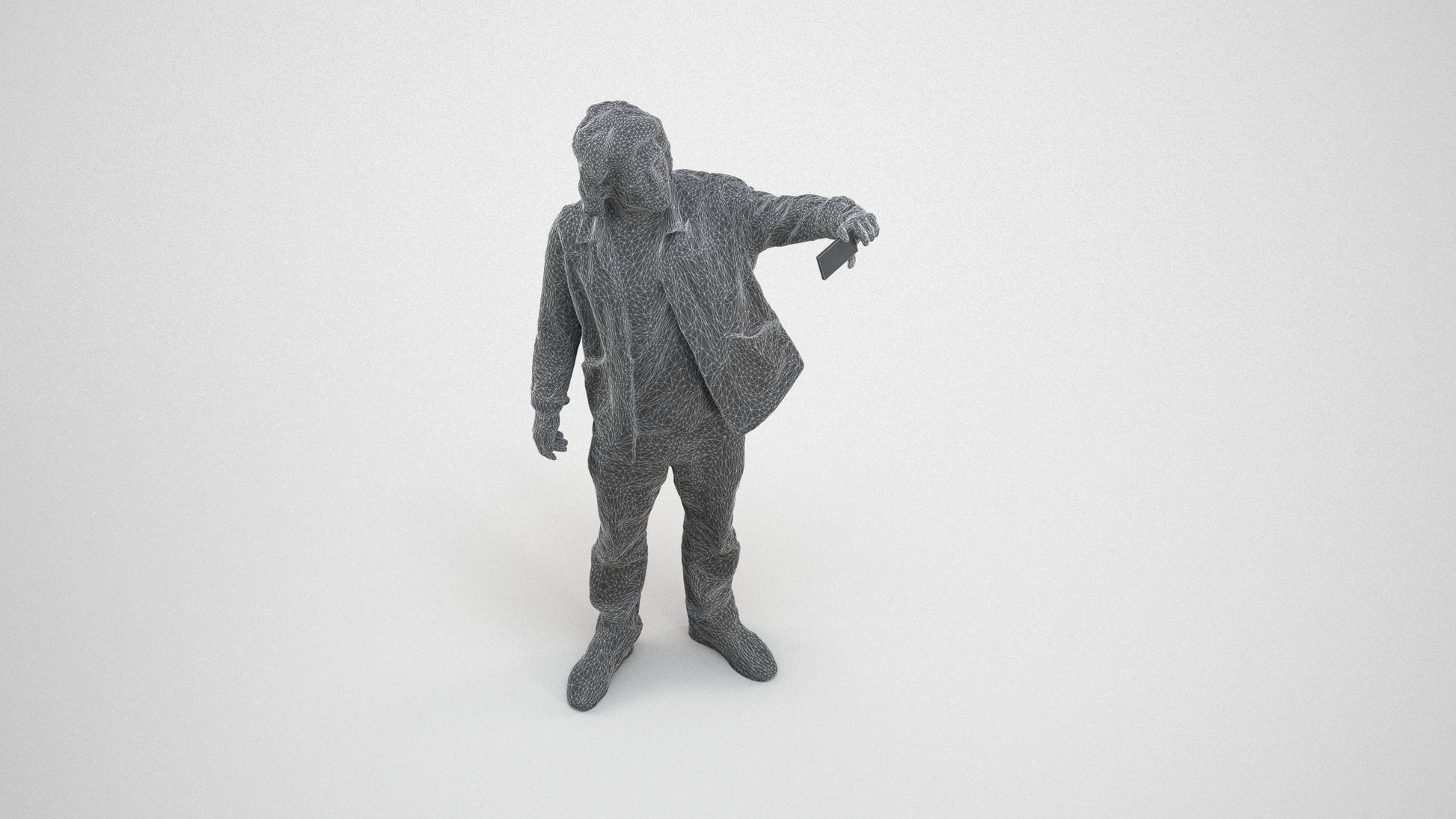 3D human model man casual standing, photogrammetry scanned person for archviz, wireframe three-quarter view