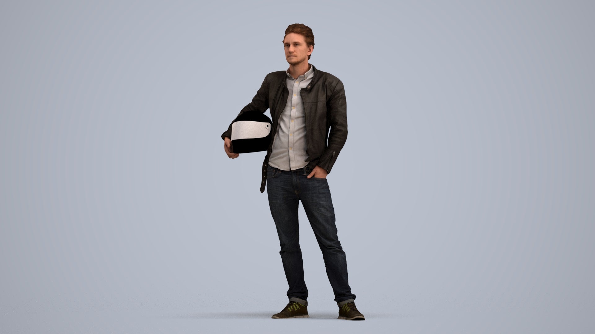 3D human model man casual standing, photogrammetry scanned person for archviz, standing pose render
