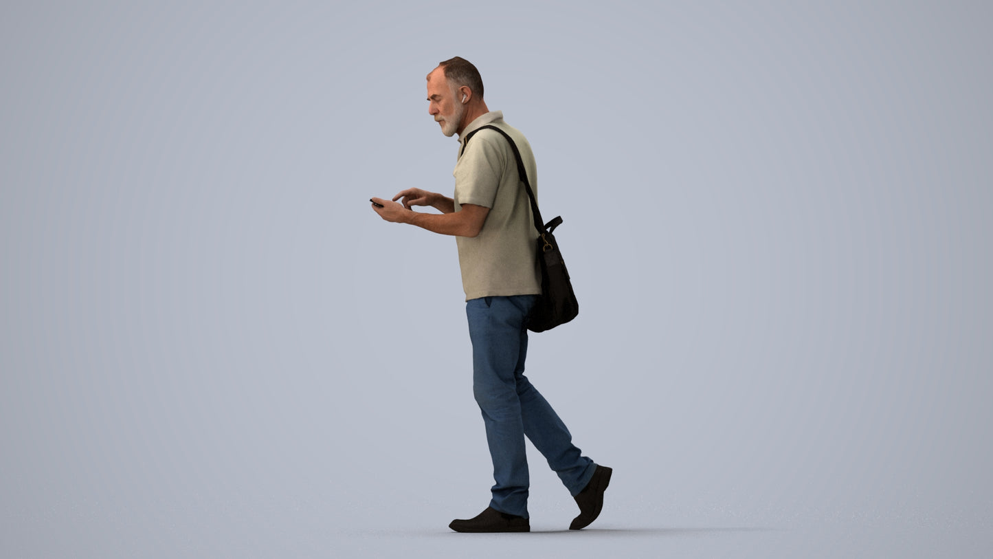 realistic 3D human senior man casual walking, archviz people FBX OBJ for Blender, three-quarter view render