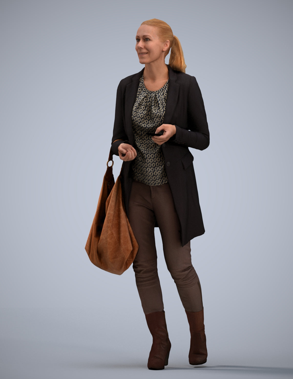3D human model woman business walking, photogrammetry scanned person for archviz