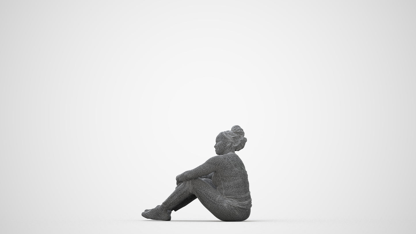 realistic 3D human woman casual sitting, archviz people FBX OBJ for Blender, wireframe back view