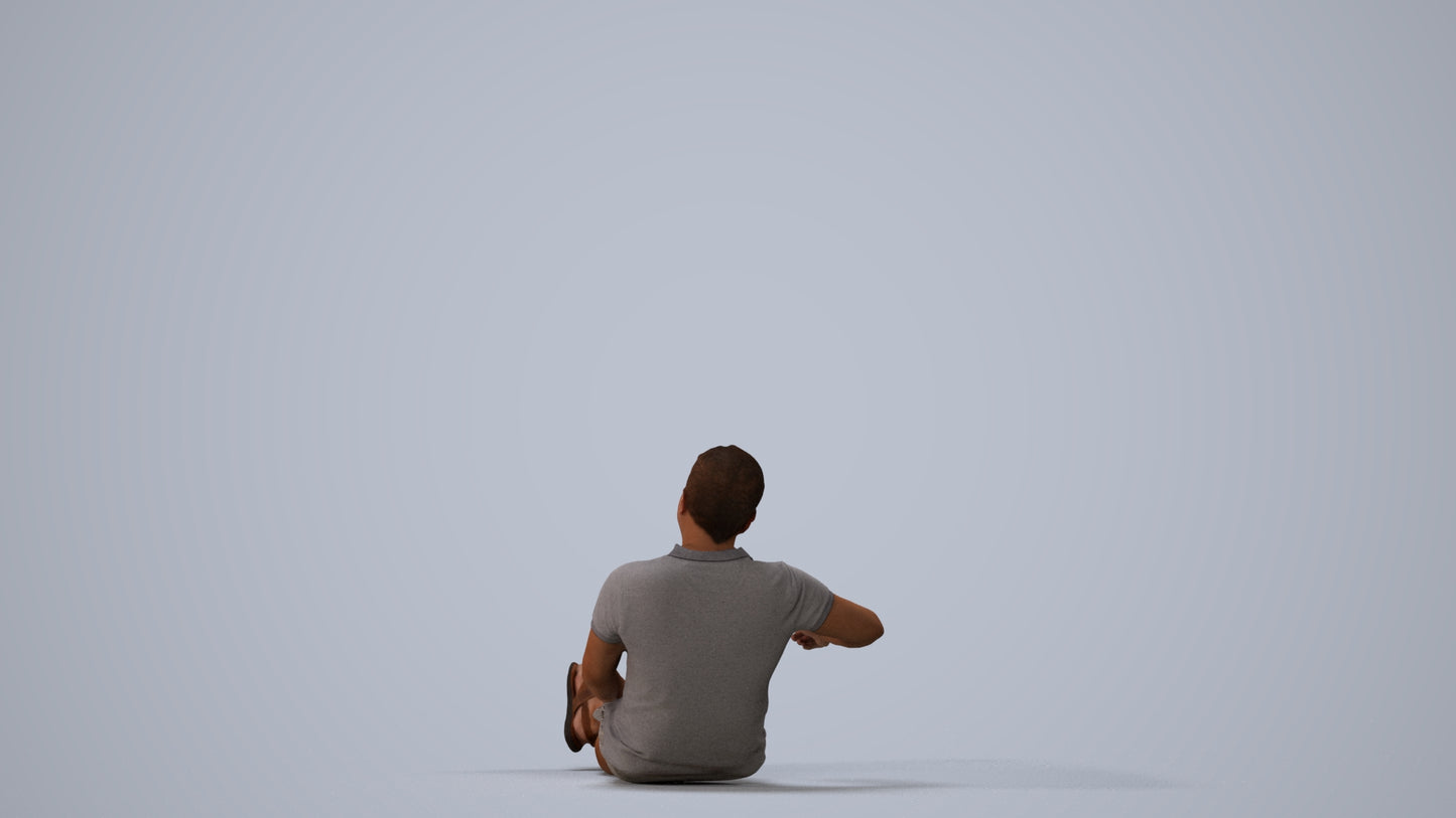 3D people model man casual sitting, scanned human for 3ds Max rendering, three-quarter view render