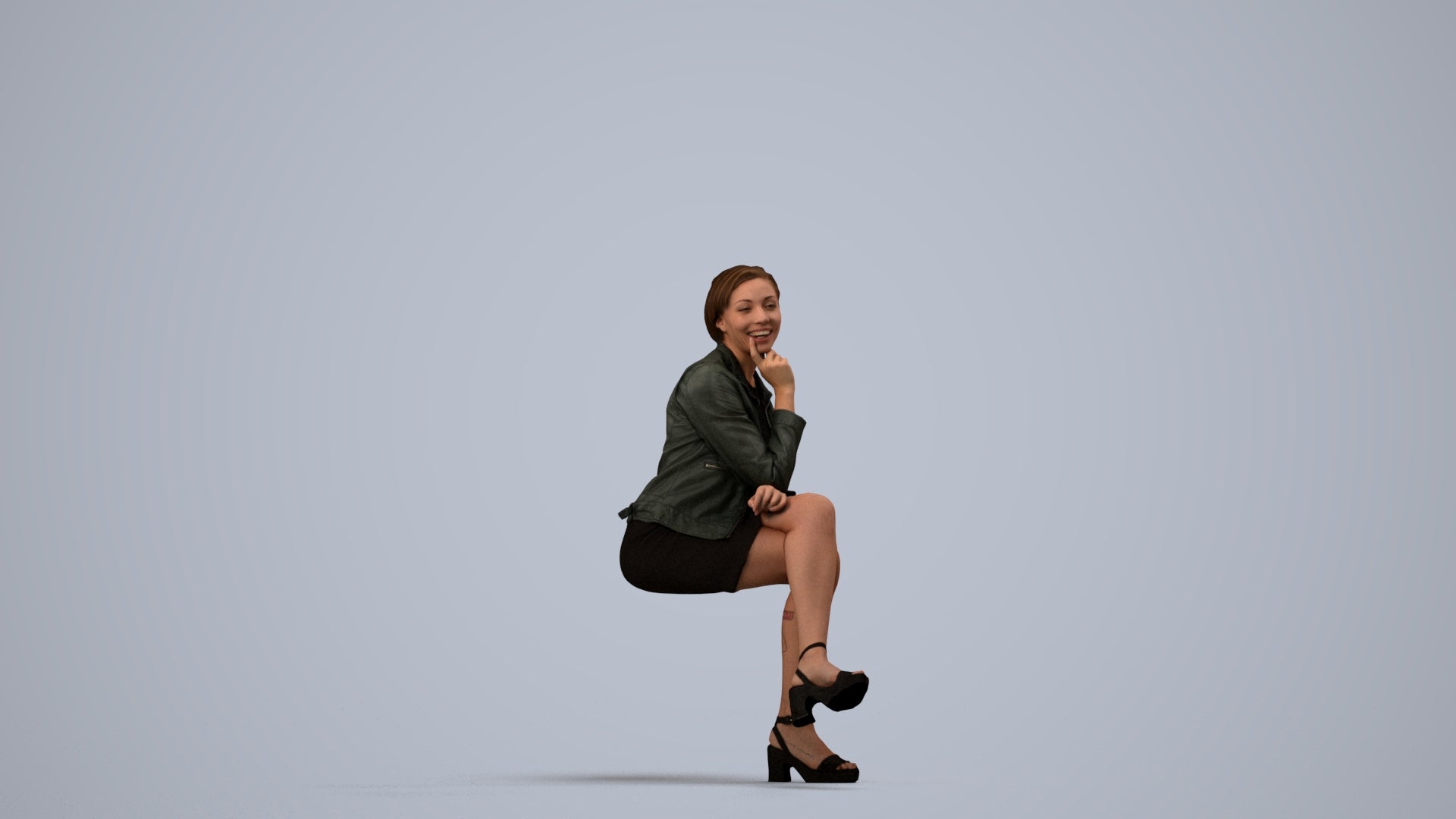 3D scanned woman sitting casual, photorealistic archviz people for Enscape and SketchUp, side view render
