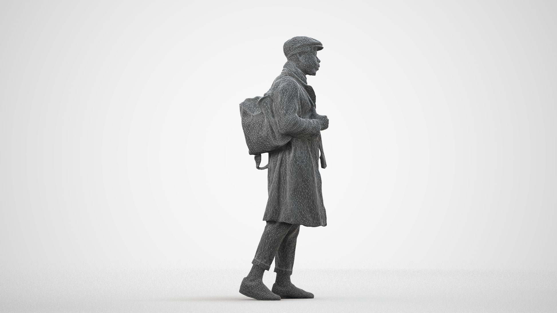 3D human model man casual walking, photogrammetry scanned person for archviz, wireframe side view