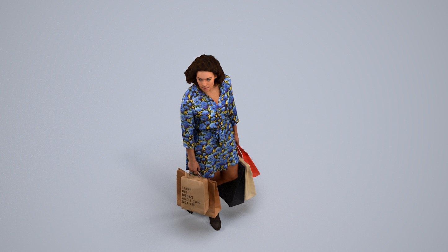 3D human model woman casual shopping, photogrammetry scanned person for archviz, back view render